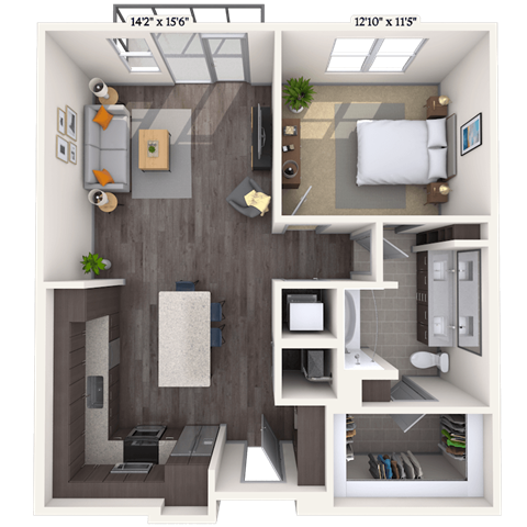 Traditional 1x1 842-904 SF floor plan