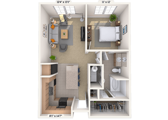 Traditional 1x1 720-1082 SF floor plan
