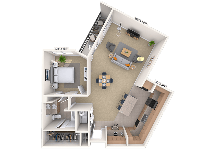 Traditional 1x1 977 SF floor plan
