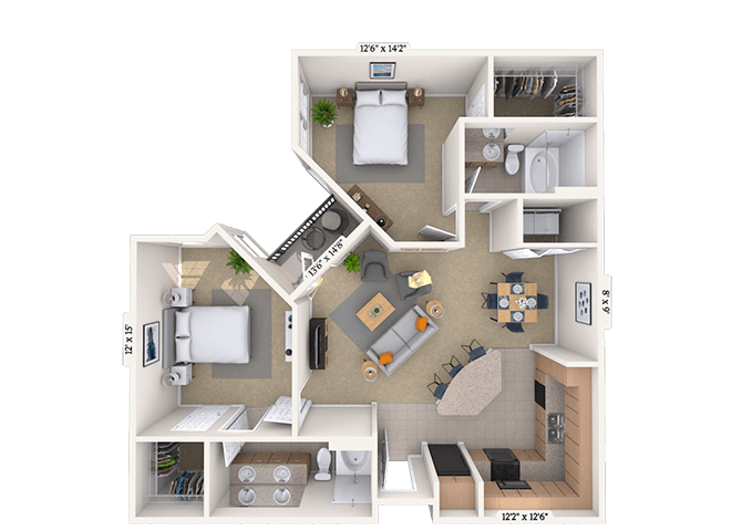 Traditional 2x2 1076 SF floor plan