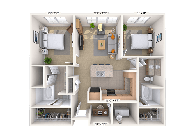 Traditional 2x2 1101-1164 SF floor plan
