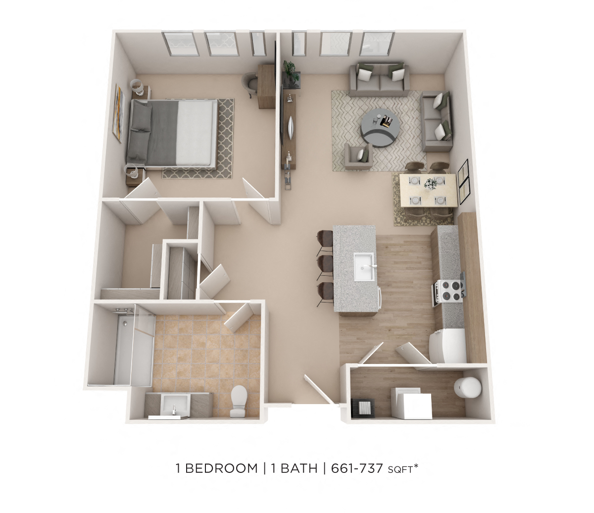 One Bedroom- 661-737 sqft floor plan