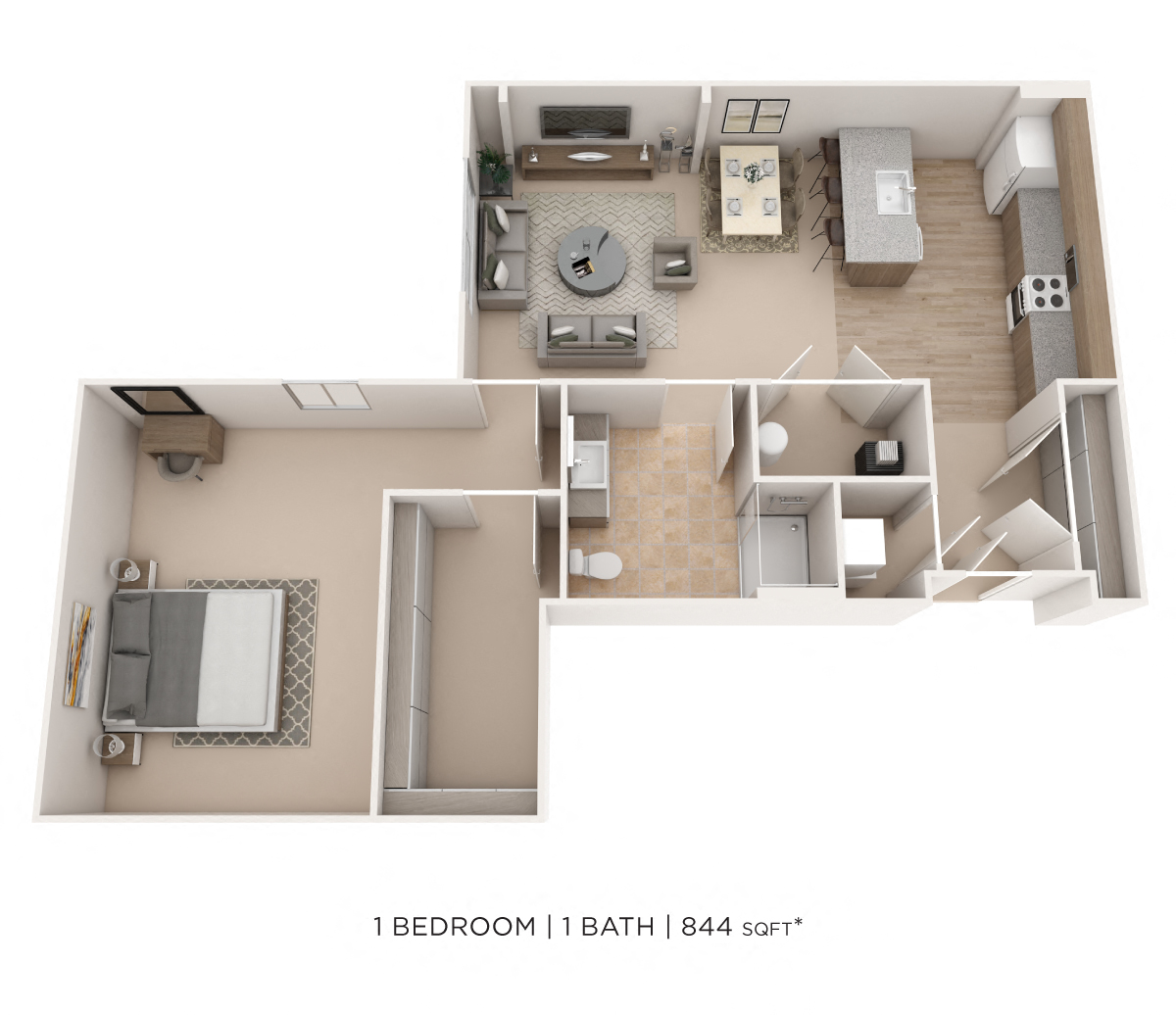 One Bedroom- 844 sqft floor plan
