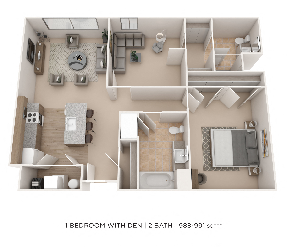 One Bedroom 2 Bath w/ Den- 988-991 sqft floor plan