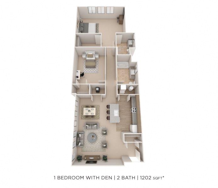 One Bedroom 2 Bath w/ Den- 1202 sqft floor plan