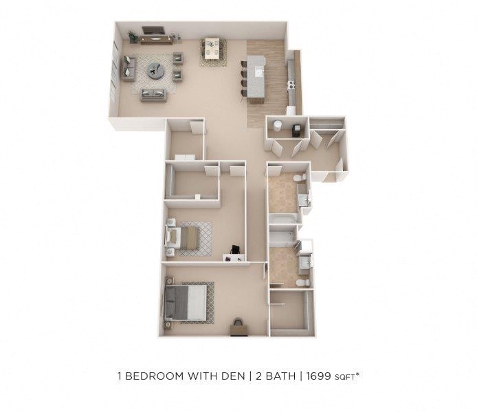 One Bedroom 2 Bath w/ Den-1699 sqft floor plan