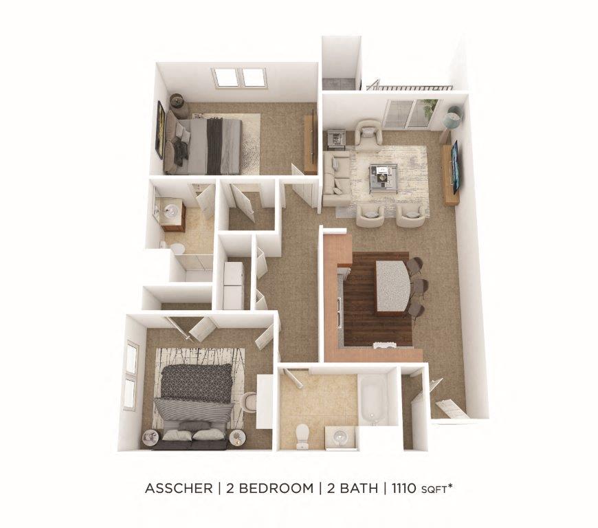 Two Bedroom 2 Bath- 1110 sqft floor plan