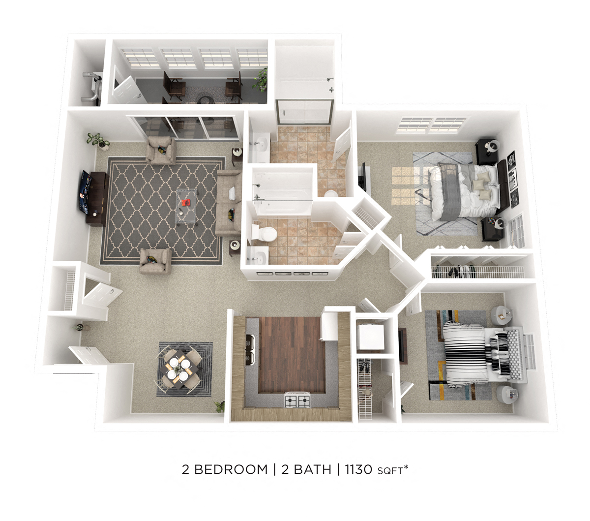 Two Bedroom 2 Bath - 1,130 sqft - 55+ floor plan