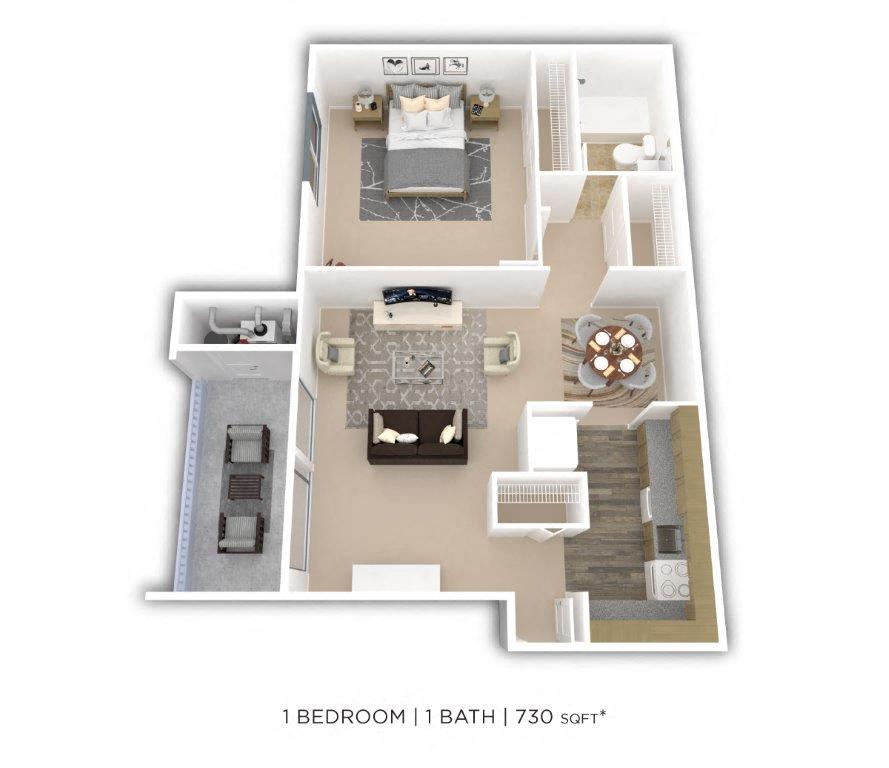 One Bedroom - 730 sqft floor plan