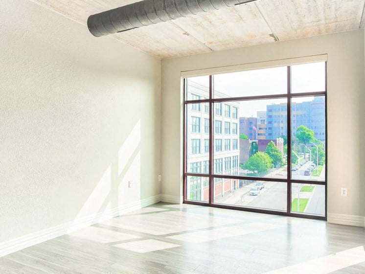 Floor to ceiling windows at Studio One Apartments, Detroit, MI