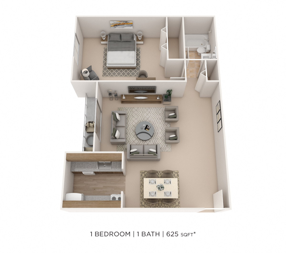 One Bedroom- 625 sqft floor plan