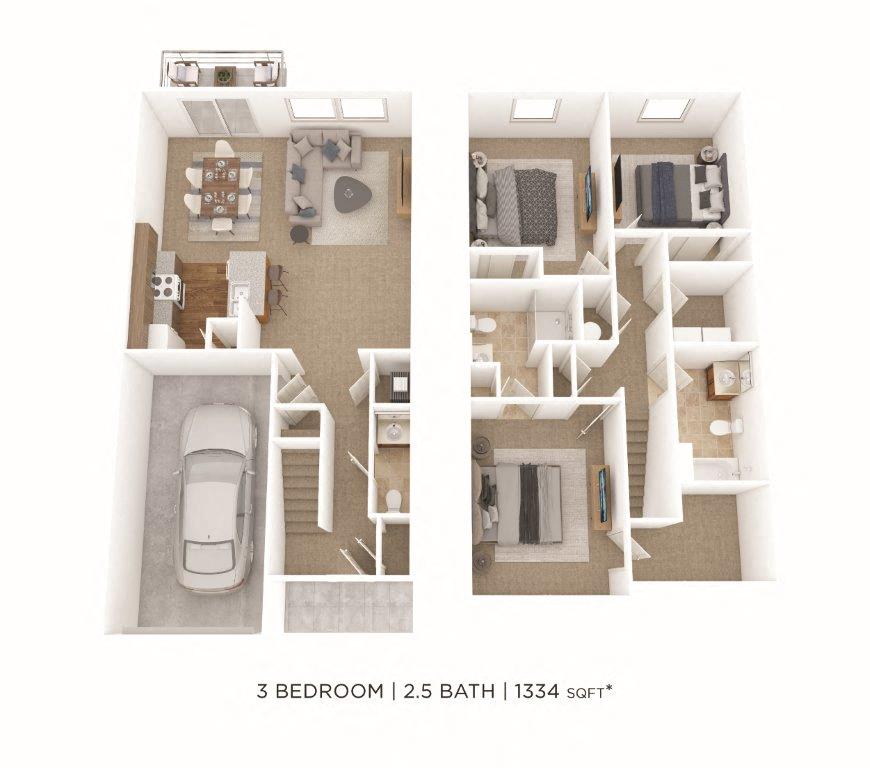 Three Bedroom 2.5 Bath Townhome floor plan