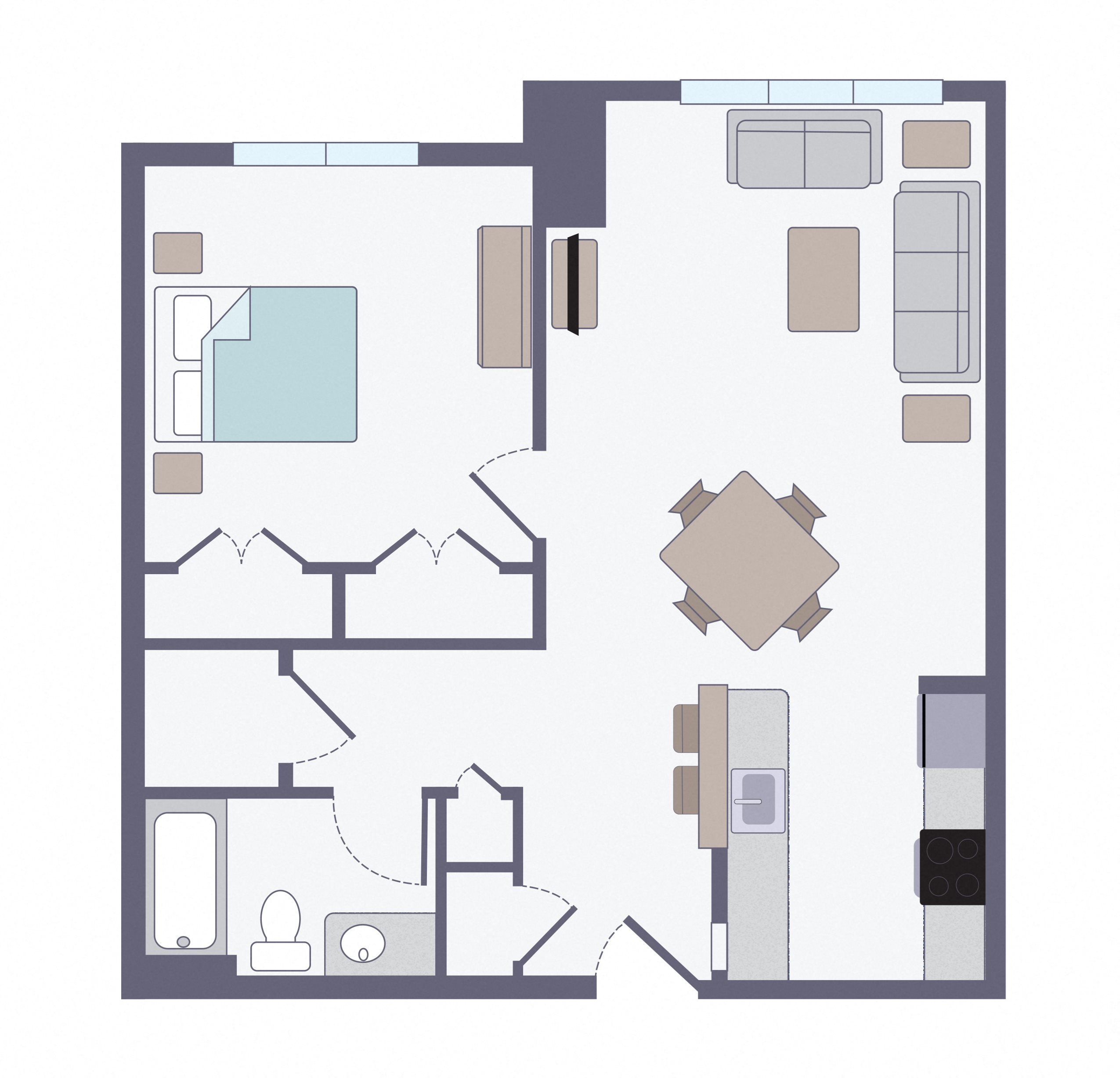 One bedroom floor plan One bedroom floor plan with large windows and plentiful closet space