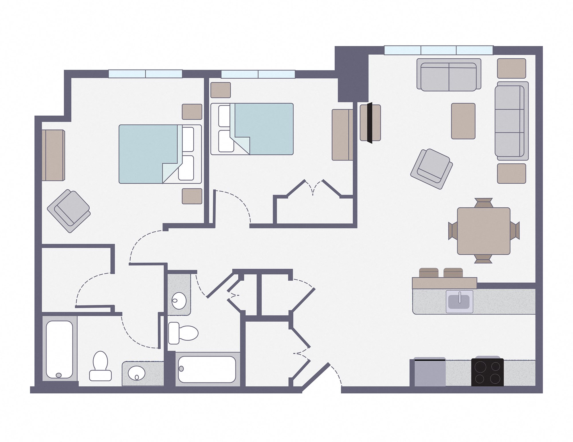 Two bedroom two bath floor plan Two bedroom two bathroom floor plan with 3 large windows, several closets, and full kitchen