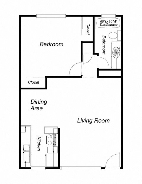 1 Bedroom floor plan for The Waverly at Campbell