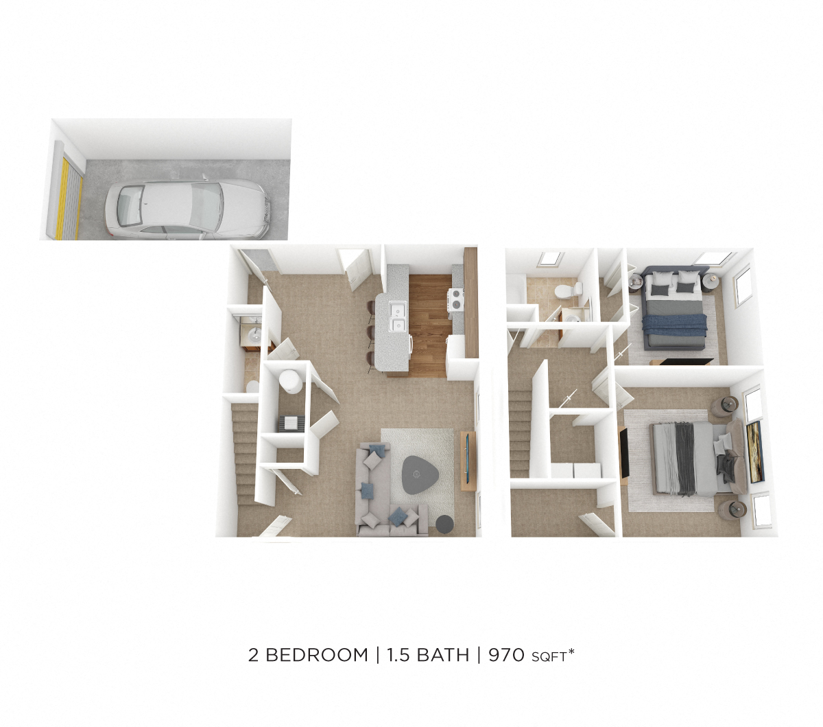Two Bedroom 1.5 Bath- 970 sqft floor plan