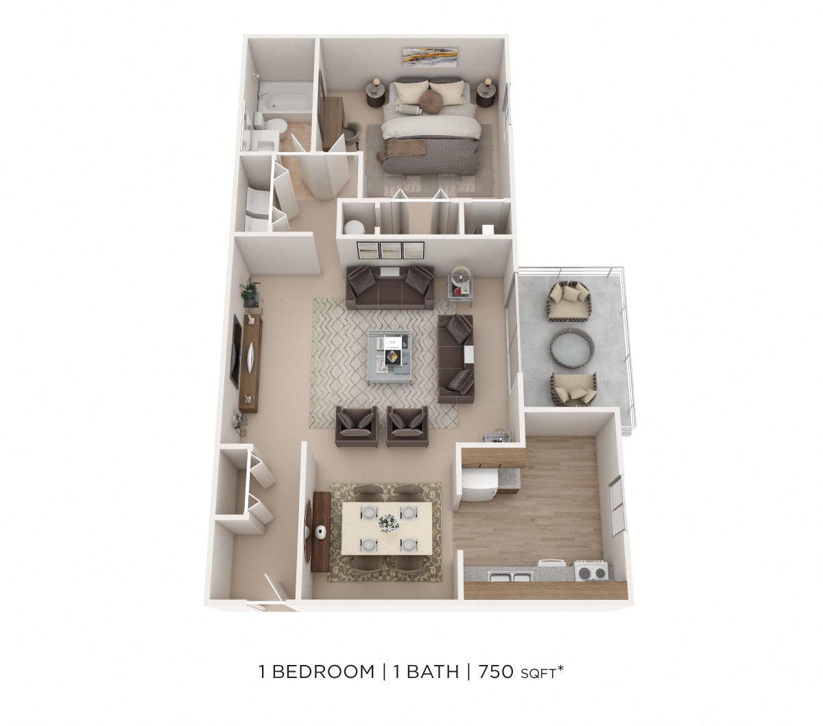 One Bedroom- 750 sqft floor plan