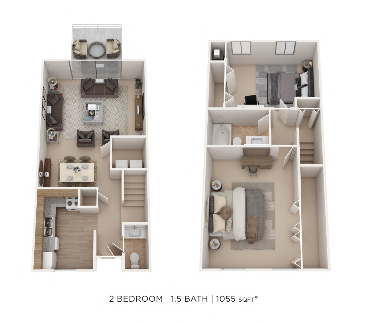 Two Bedroom 1.5 Bath Townhome-1,055 sqft floor plan