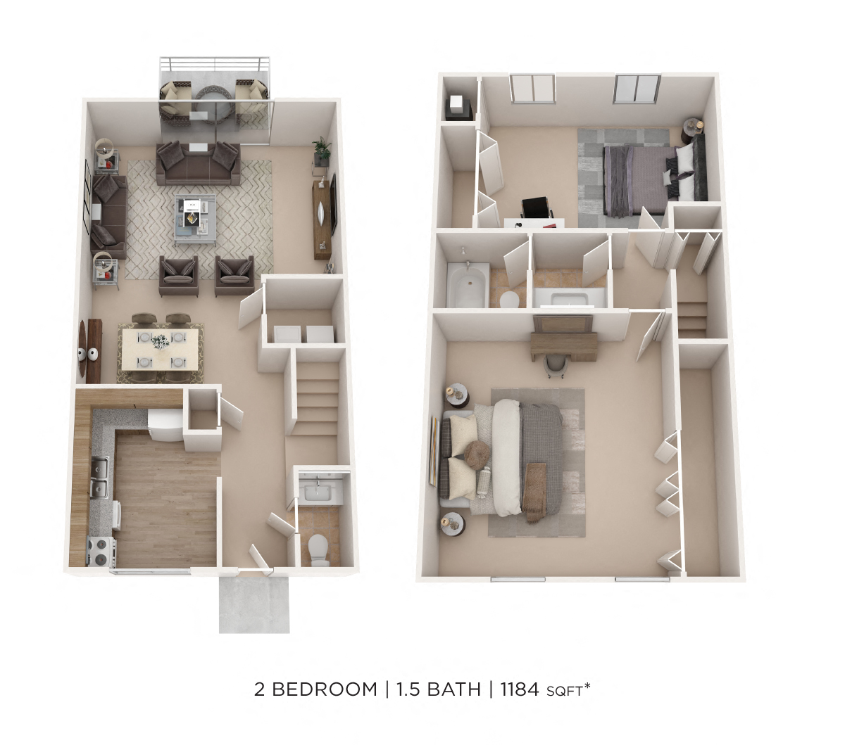 Two Bedroom 1.5 Bath Townhome- 1,184 sqft floor plan