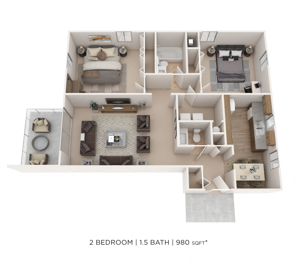Two Bedroom 1.5 Bath Townhome-980 sqft floor plan