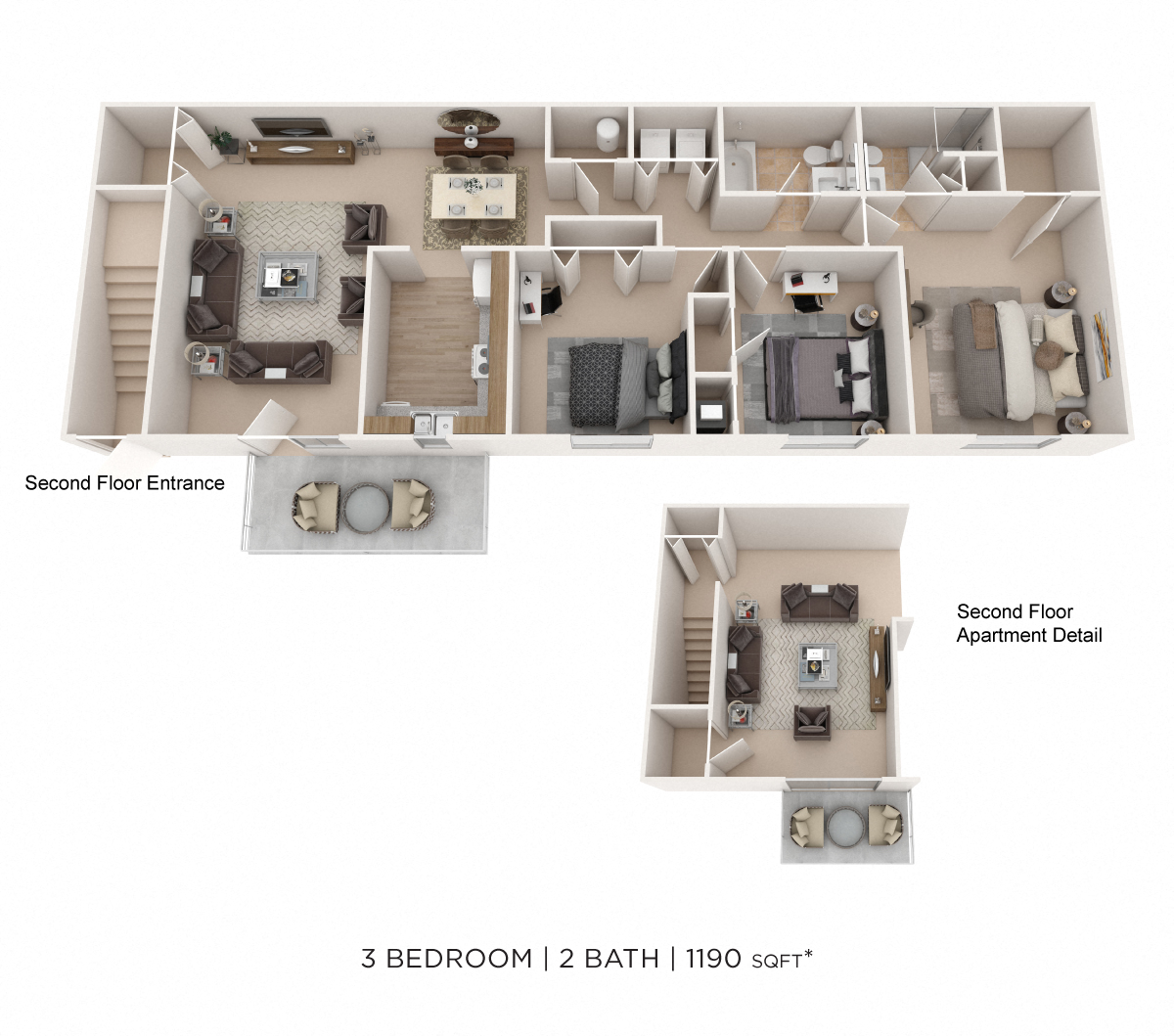 Three Bedroom 2 Bath- 1,190 sqft floor plan