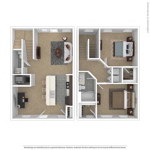 Two Bedroom 1.5 Bath- 1,007 sqft floor plan