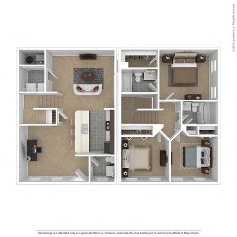 Three Bedroom 2.5 Bath- 1,164 sqft floor plan