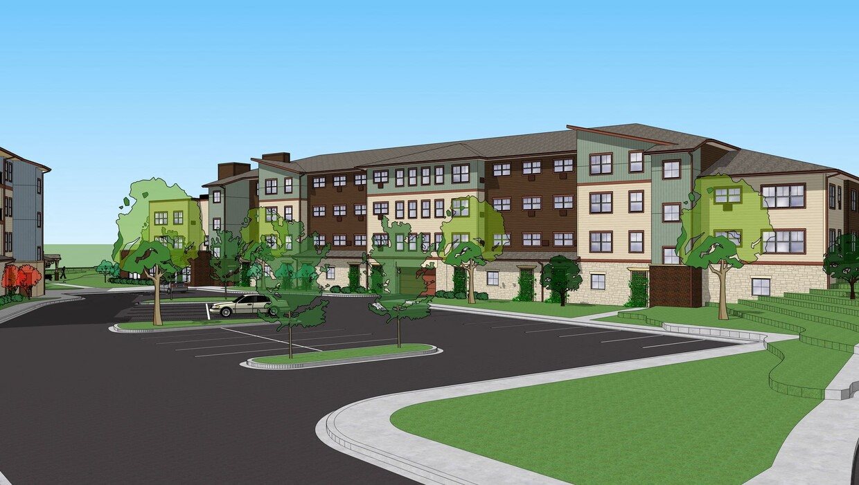 A drawing of a street with apartment buildings on either side.