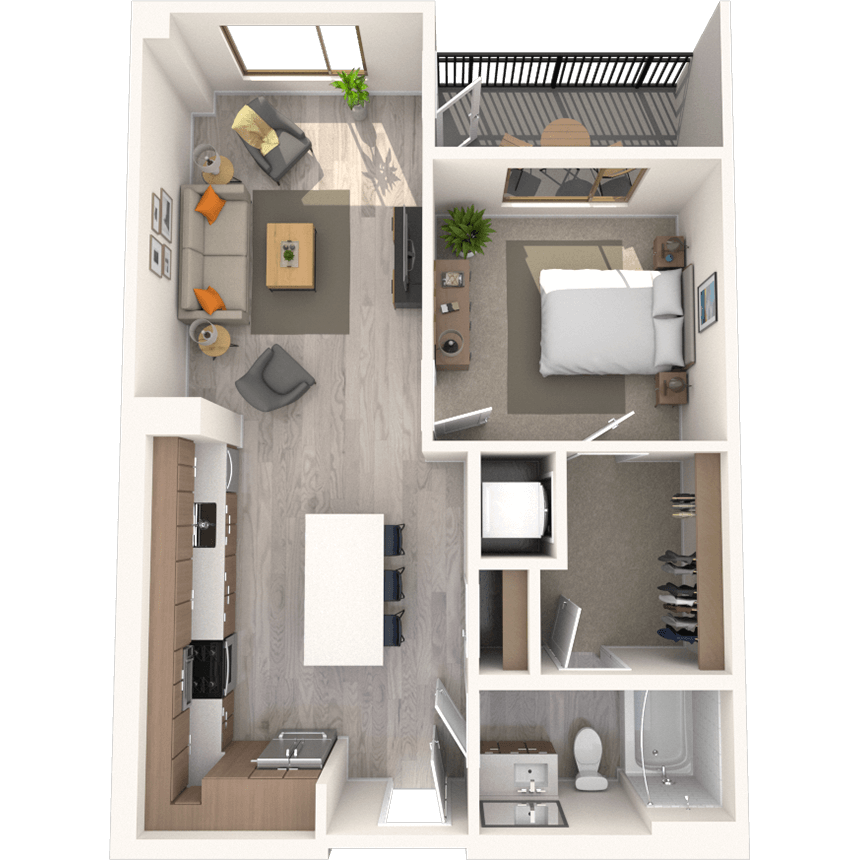 A1 1x1-739 SF floor plan