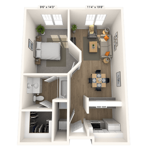 Traditional 1x1 605 SF floor plan