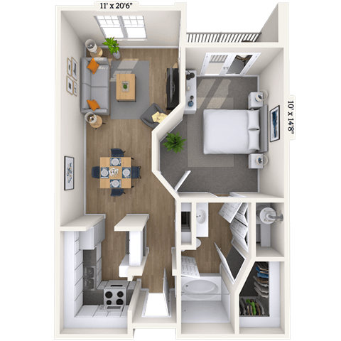 Traditional 1x1 646-653 SF floor plan