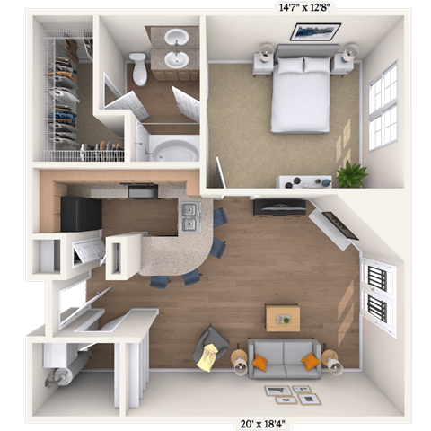 Traditional 1x1 709-853 SF floor plan
