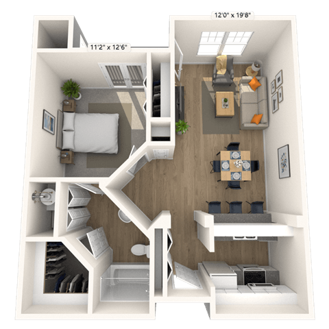 Traditional 1x1 729 SF floor plan