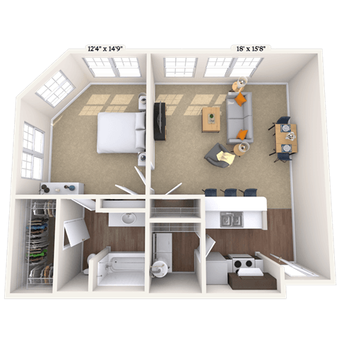 Traditional 1x1 753 SF floor plan