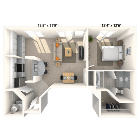 Traditional 1x1 763 SF floor plan