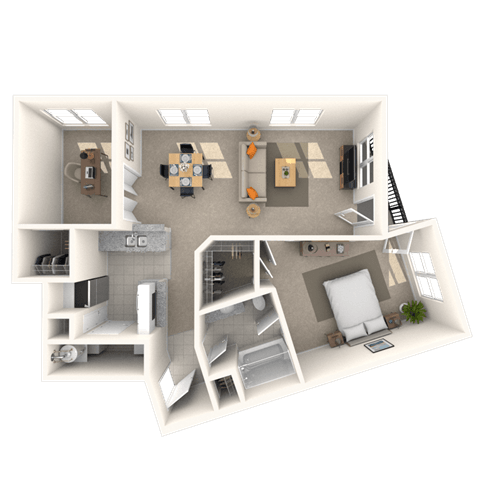 Traditional 1x1 890 SF floor plan