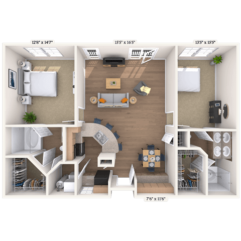Traditional 2x2 1003-1201 SF floor plan