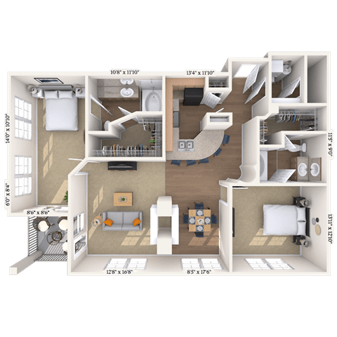 Traditional 2x2.2 1376 SF floor plan