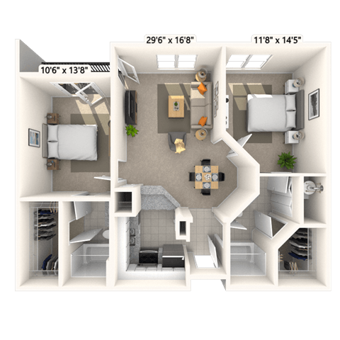 Traditional 2x2 975-977 SF floor plan