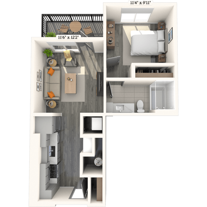 Traditional A0 1x1 598 SF floor plan