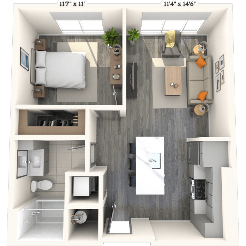 Traditional A11 1x1 669 SF floor plan