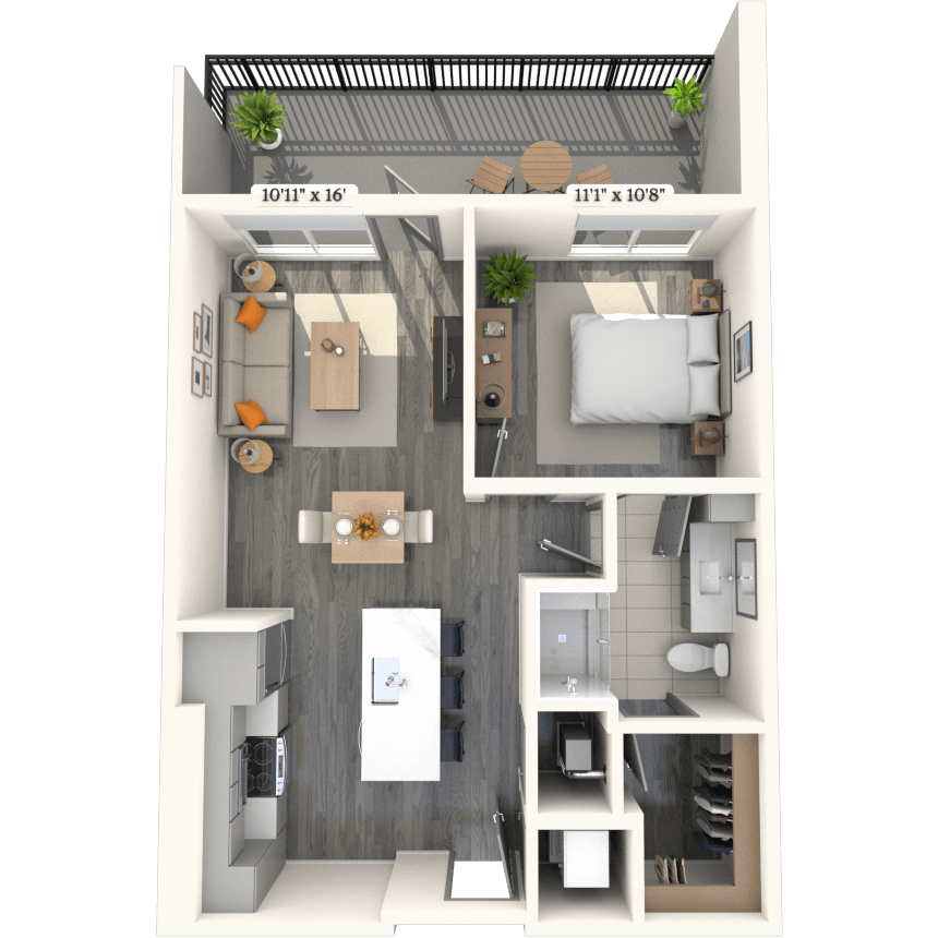 Traditional A2 1x1 677 SF floor plan