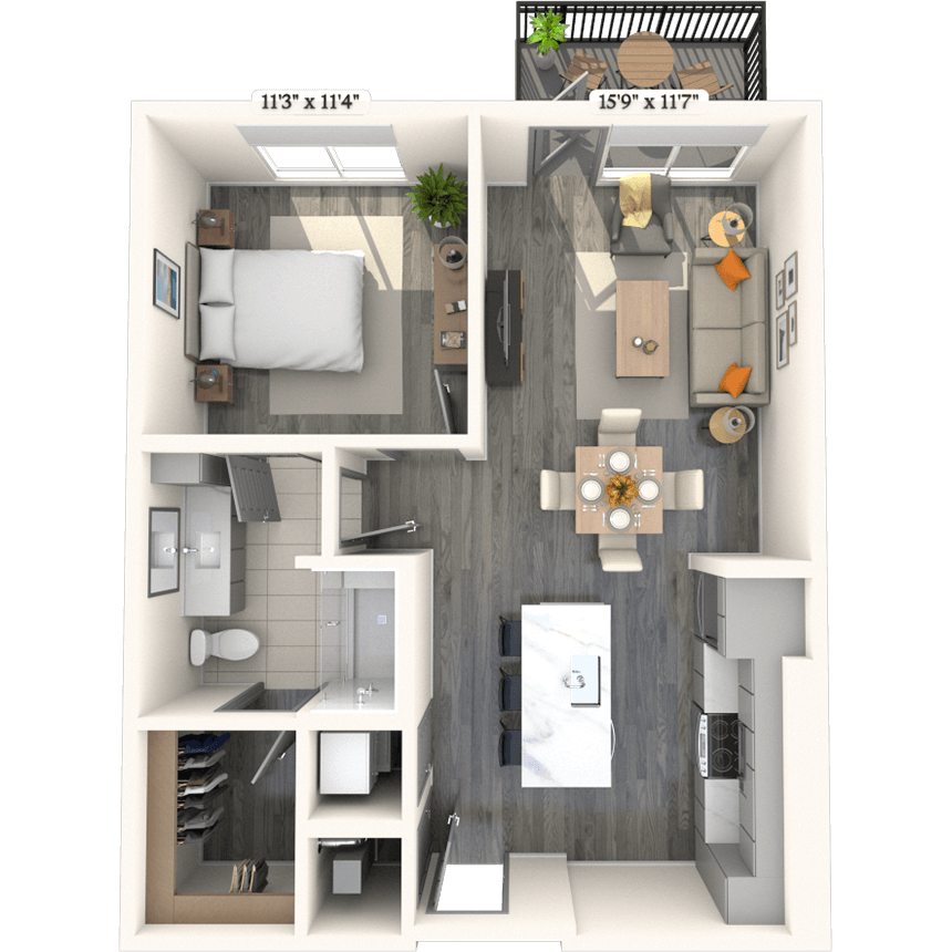 Traditional A31 1x1 730 SF floor plan