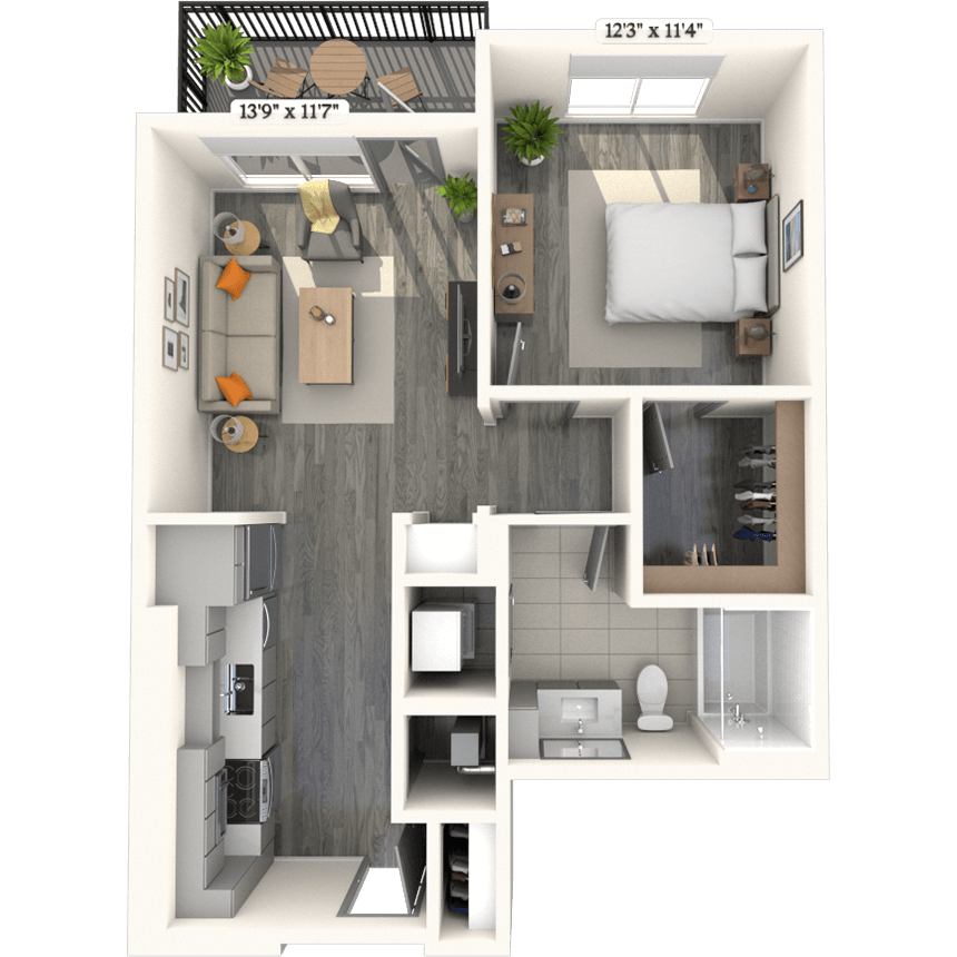 Traditional A3 1x1 706 SF floor plan