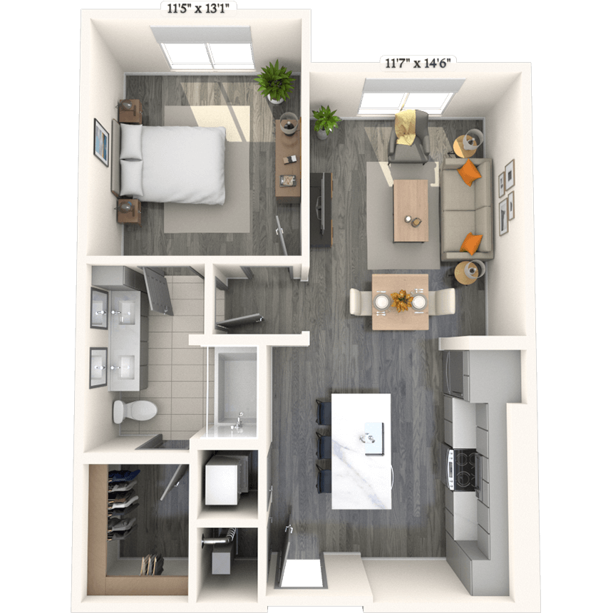 Traditional A41 1x1 787 SF floor plan