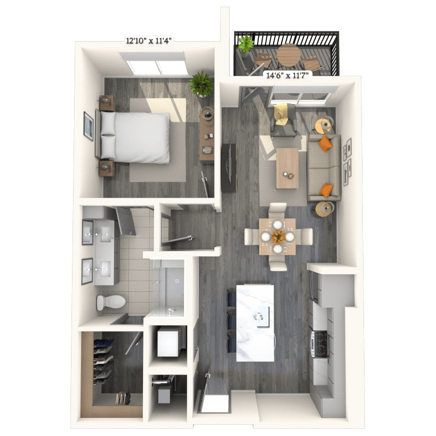 Traditional A4 1x1 767 SF floor plan