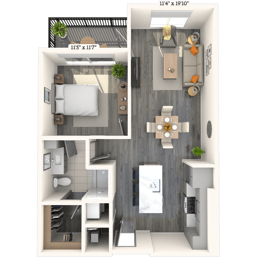 Traditional A5 1x1 776 SF floor plan