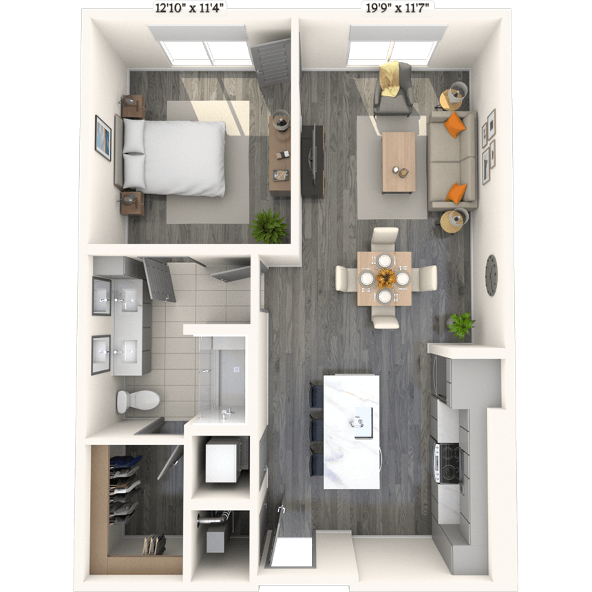 Traditional A6 1x1 806 SF floor plan