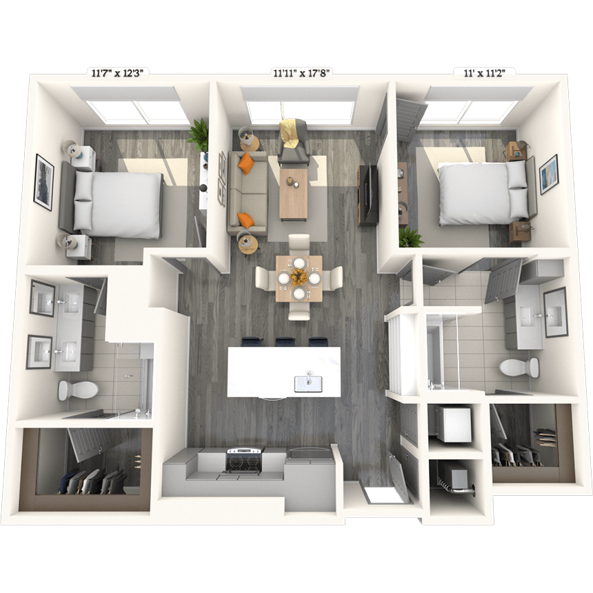 Traditional B12 2x2 1075 SF floor plan