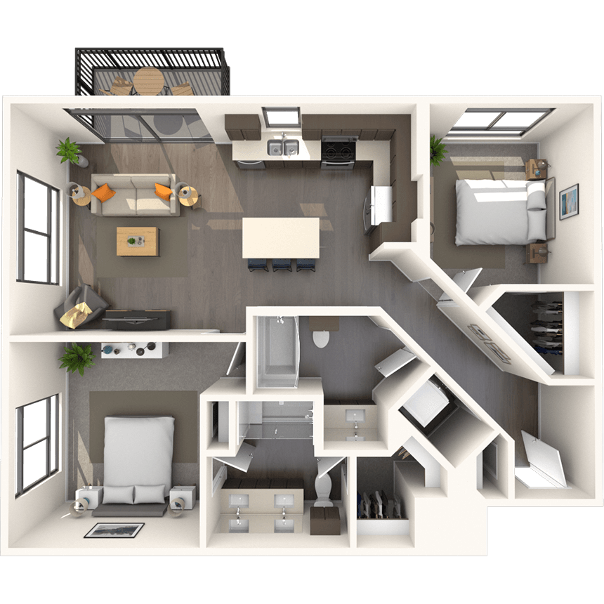 Traditional 2x2 1021-1078 SF floor plan